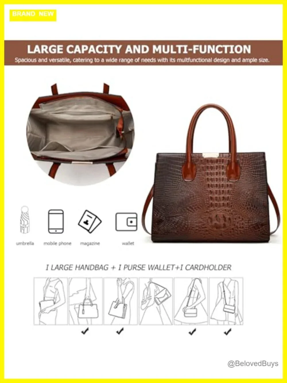 Luxury Crocodile Embossed 3pc Tote Handbag Set with Wallet